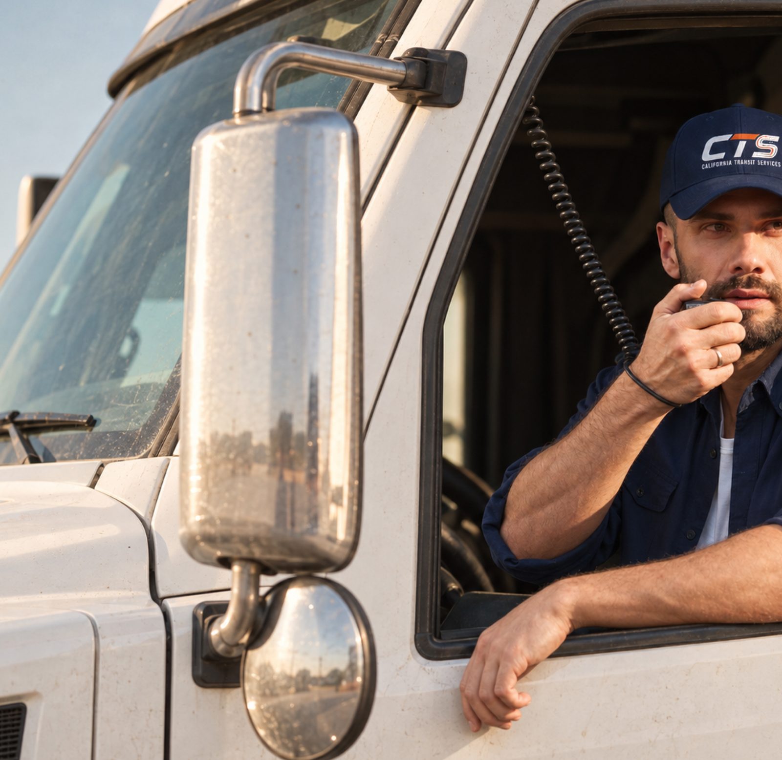 A driver at the cab window of a tractor