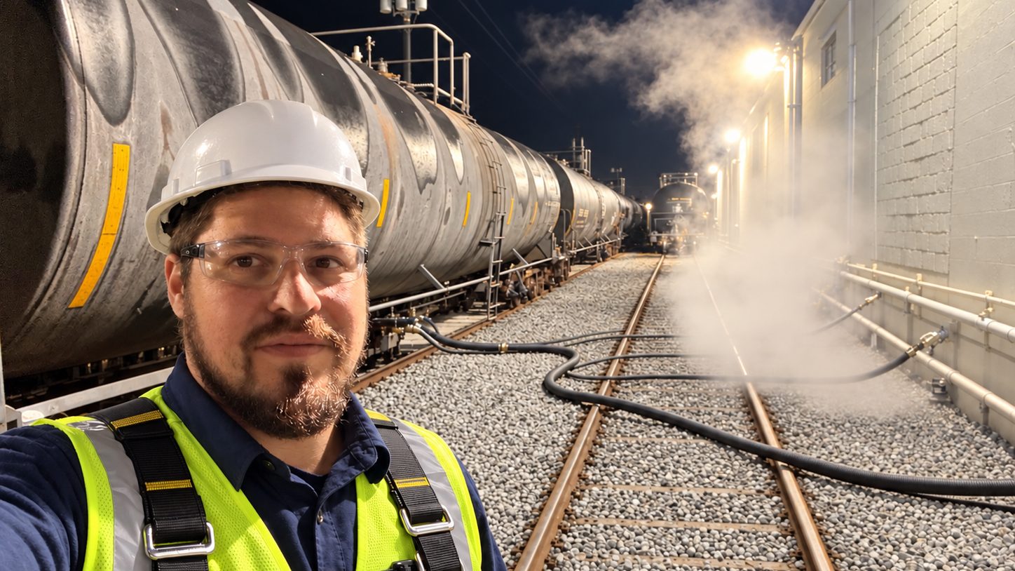 Night transfer on the CTS rail spur, hoses connected to a string of tank cars